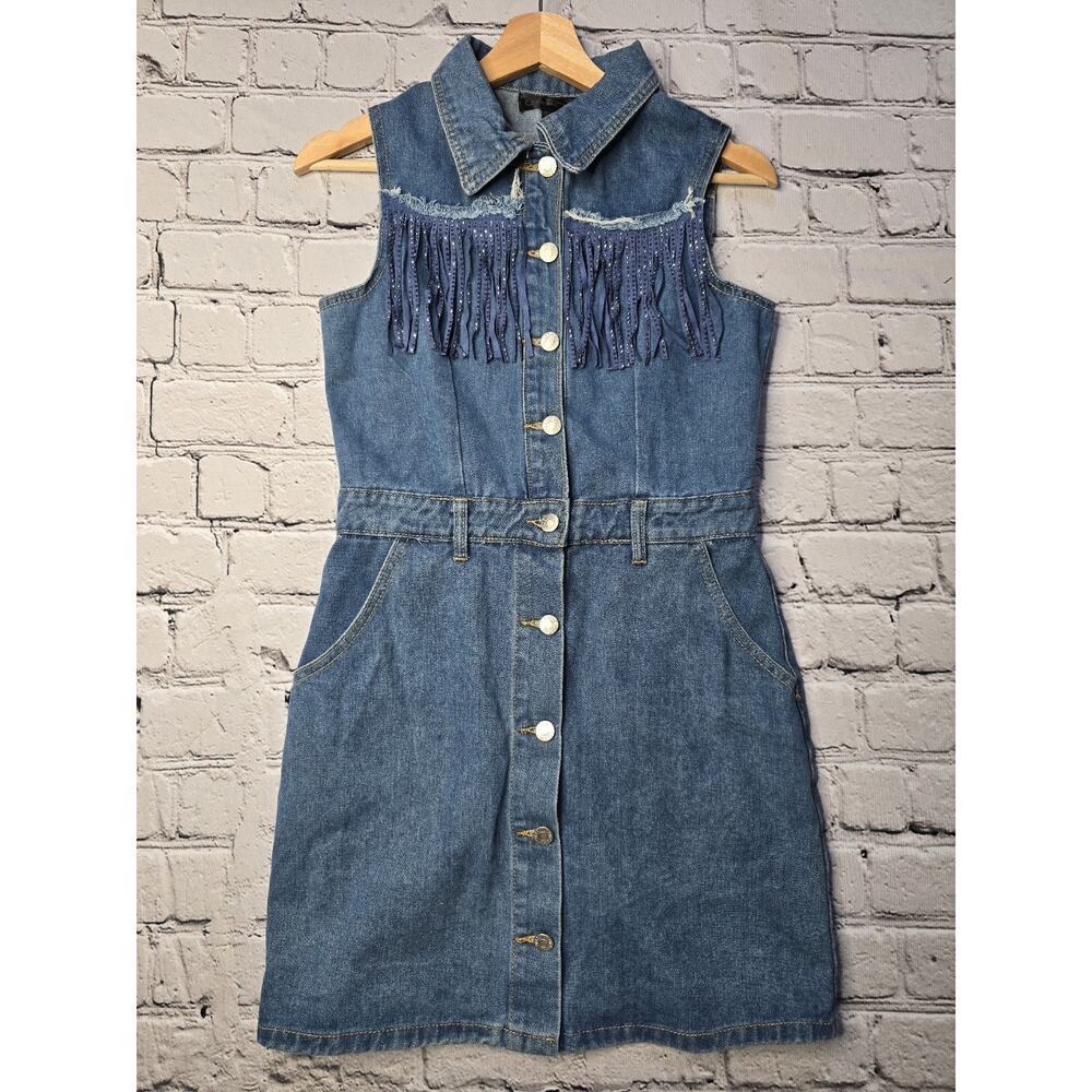 Coco And Shay Denim Fringe Western Cowboy Sleeveless Dress Size Medium - Picture 2 of 12